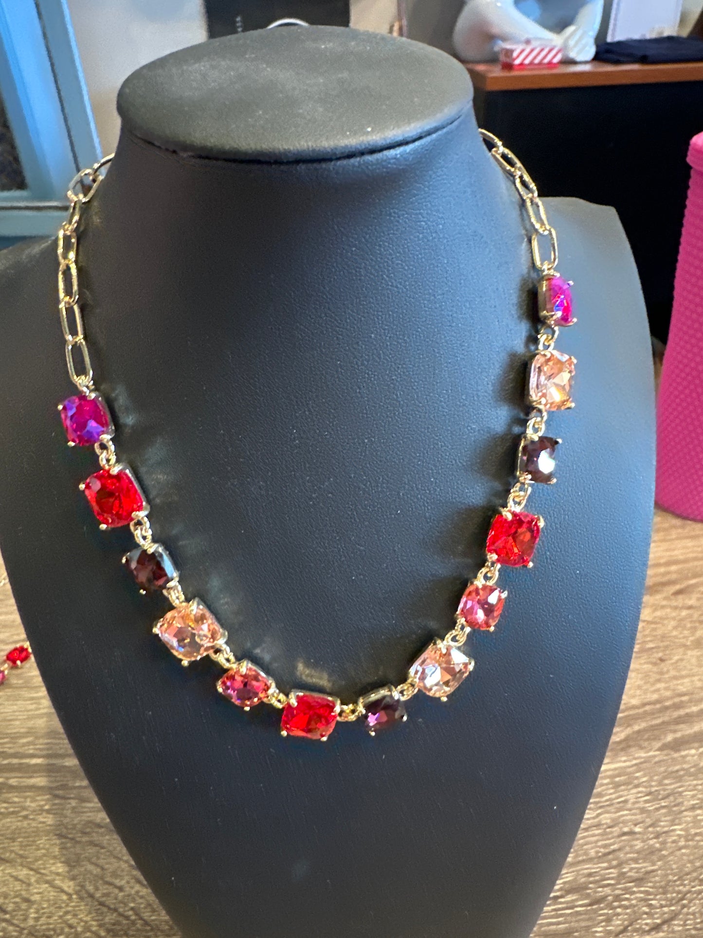 HOT PINK MULTI CRYSTAL & GOLD CHAIN NECKLACE