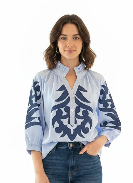 JODIFL BAROQUE APPLIQUE TOP IN BLUE