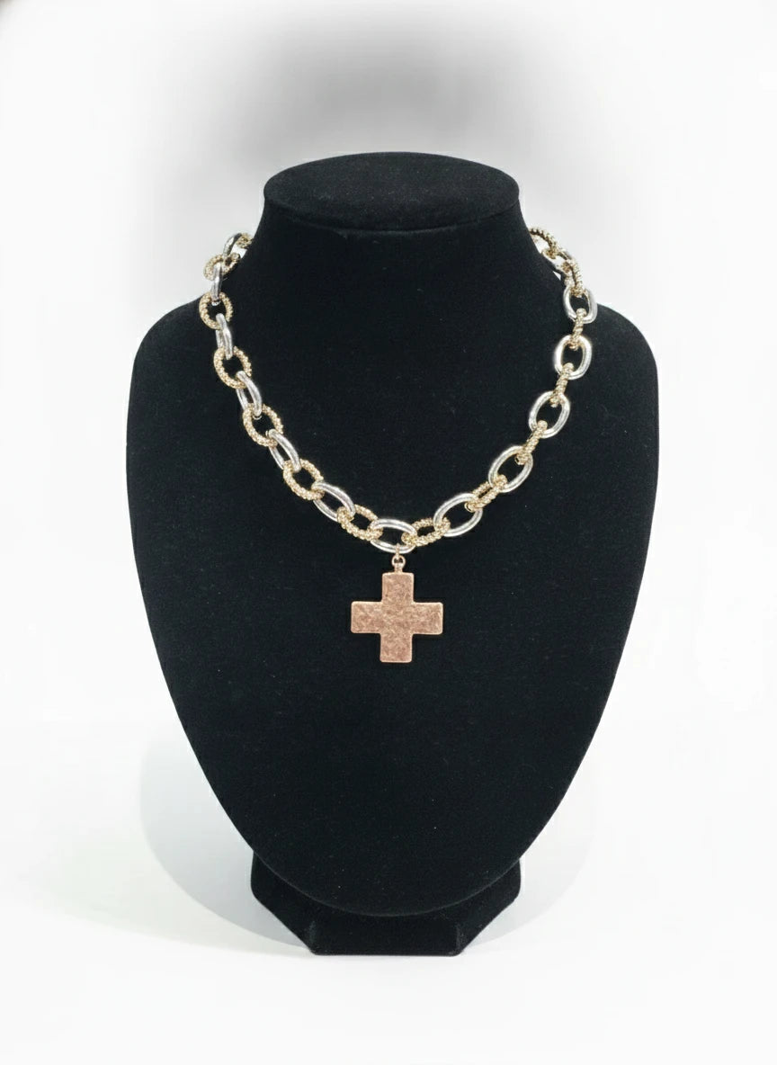GOLD & SILVER CHAIN WITH HAMMERED CROSS NECKLACE