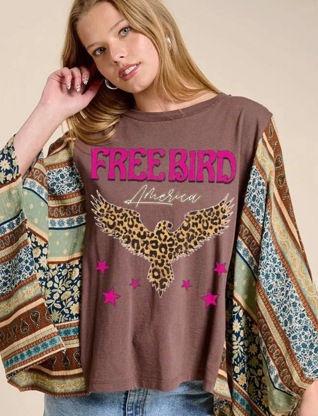 ZUTTER FREE BIRD AMERICA GRAPHIC SHEER BOHO KAFTAN TOP