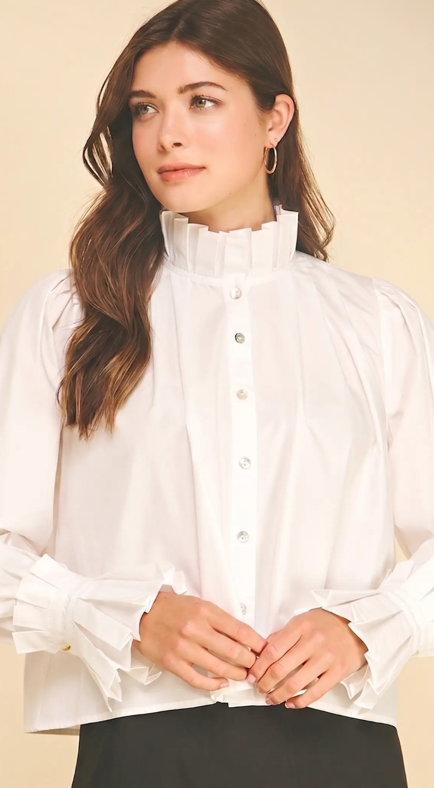 PINCH RUFFLED HIGH NECK BUTTON DOWN SHIRT