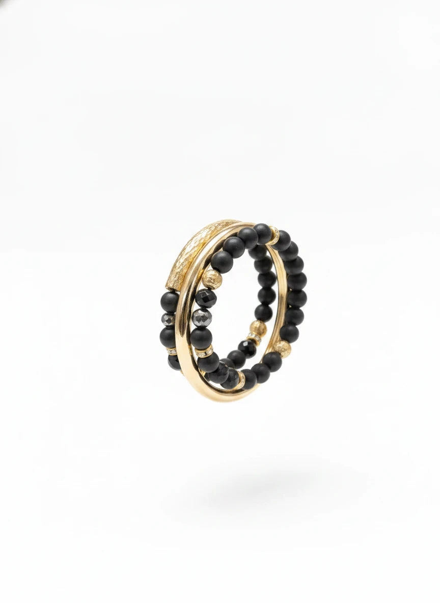 BLACK & OOLD BEADED SET OF 3 BRACELETS