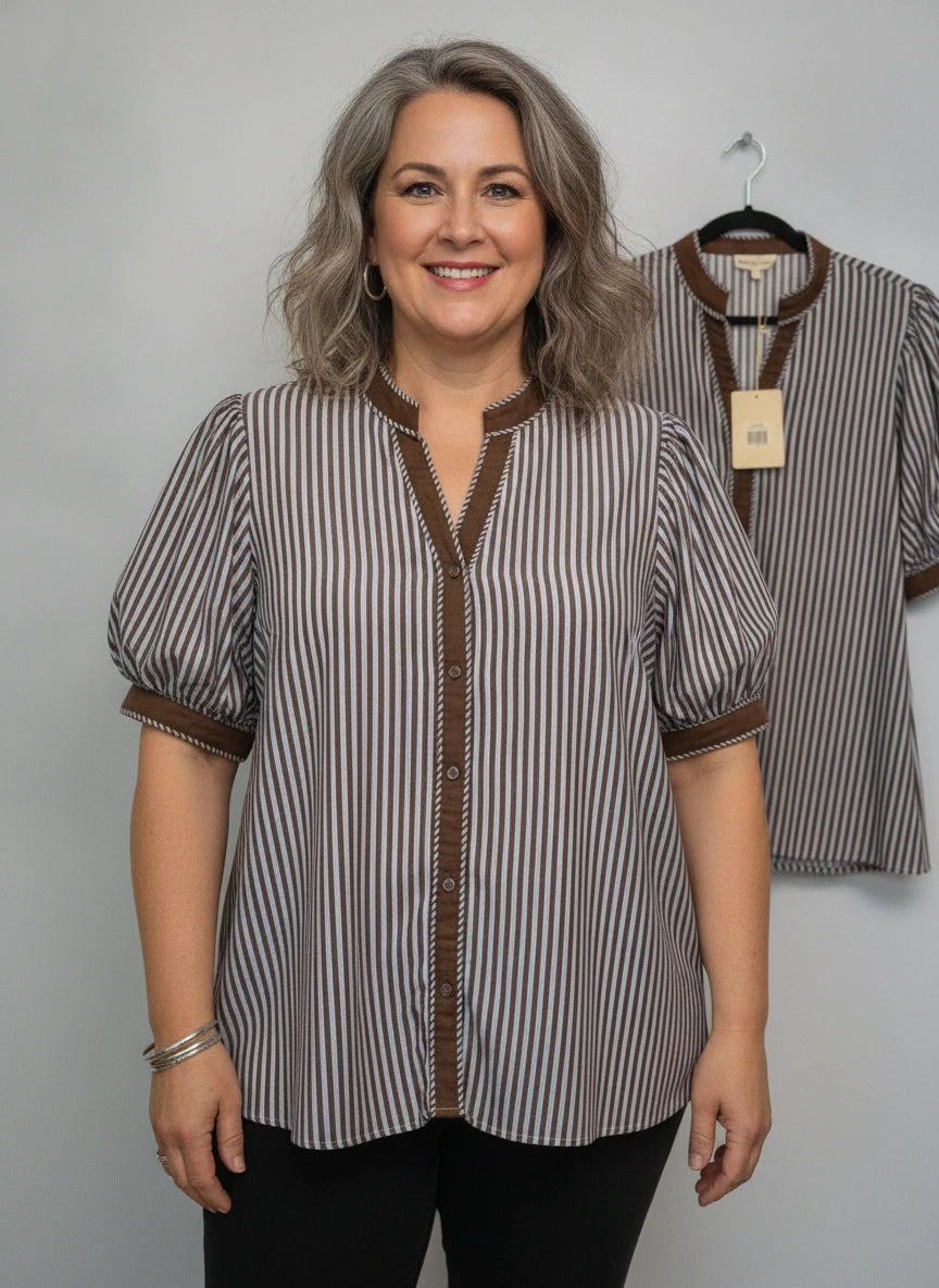 ENTRO PLUS SIZE BLUE & BROWN STRIPE TOP