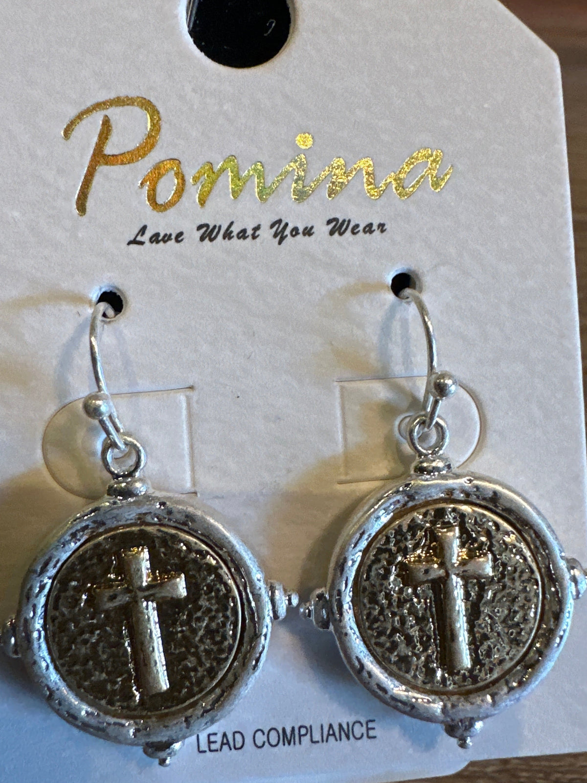 POMINA GOLD & SILVER CROSS STAMPED COIN 1.25" EARRINGS