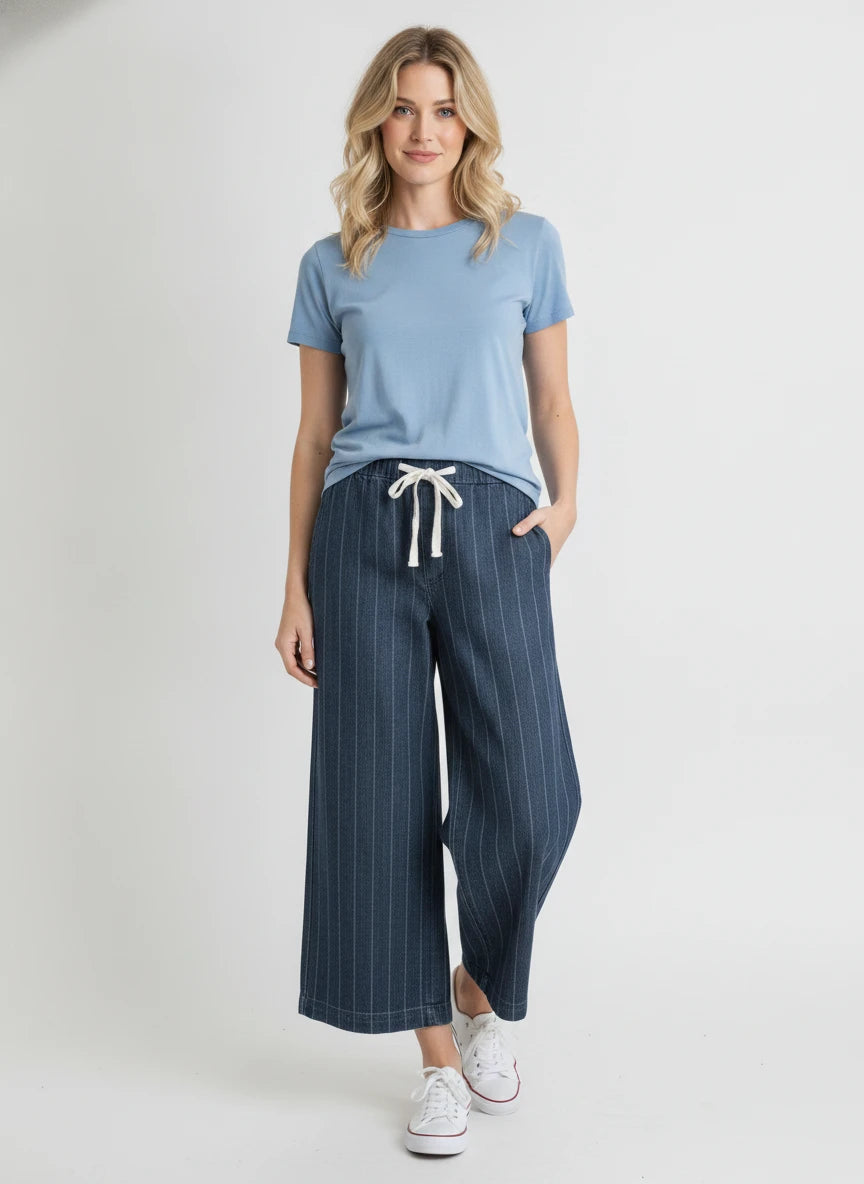 RISEN WIDE LEG STRIPE JEANS WITH DRAWSTRING WAIST
