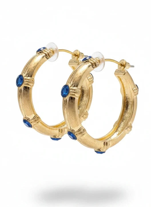 WHAT'S HOT HAMMERED HOOP with BLUE Crystal Earring