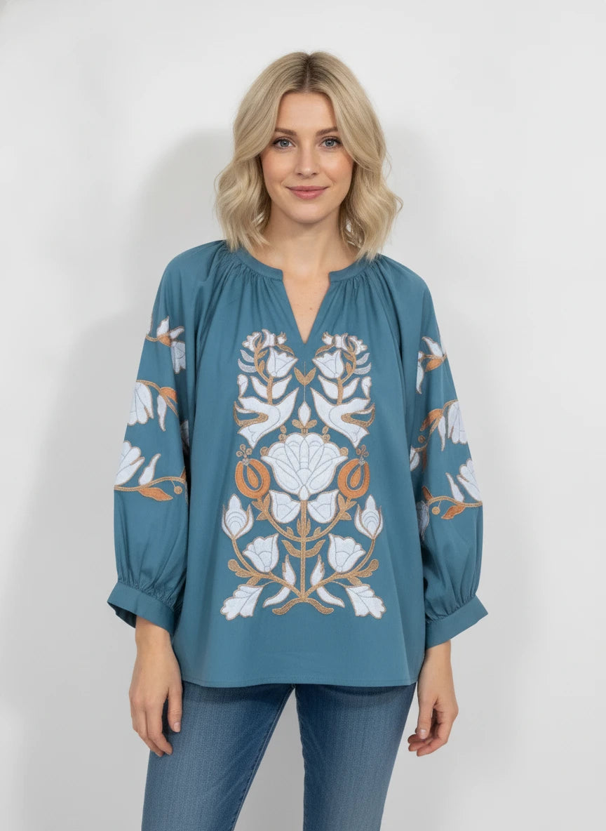 JODIFL TEAL AND BROWN TOP