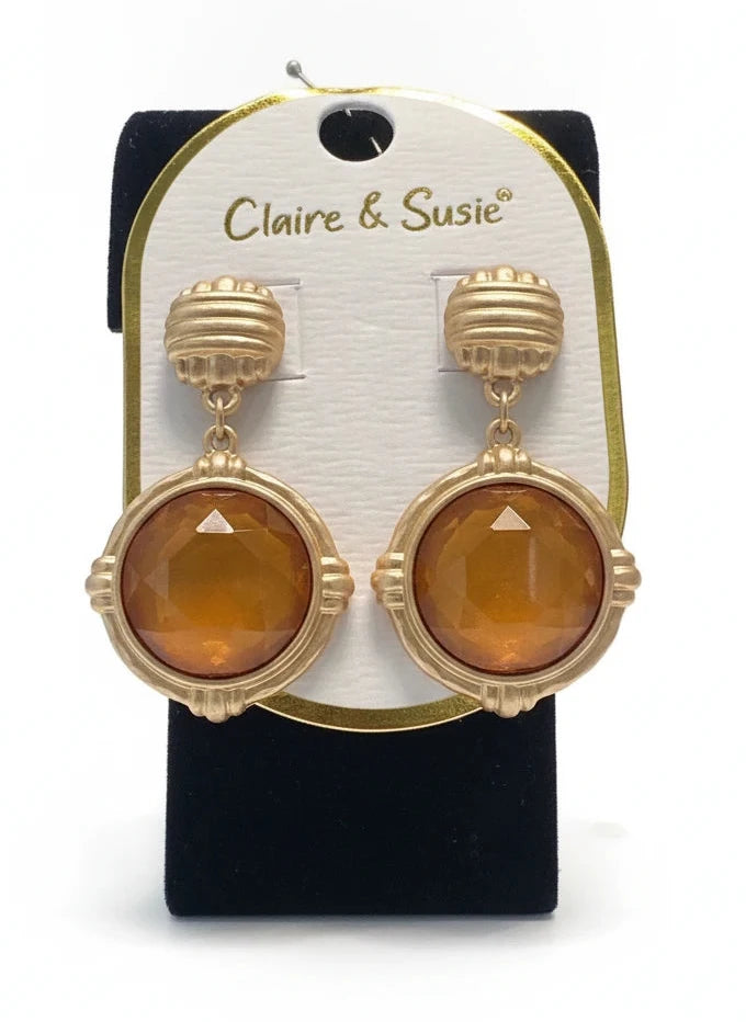 CLAIRE & SUSIE MATTE GOLD TEXTURED CIRCLE WITH TOPAZ STONE EARRING