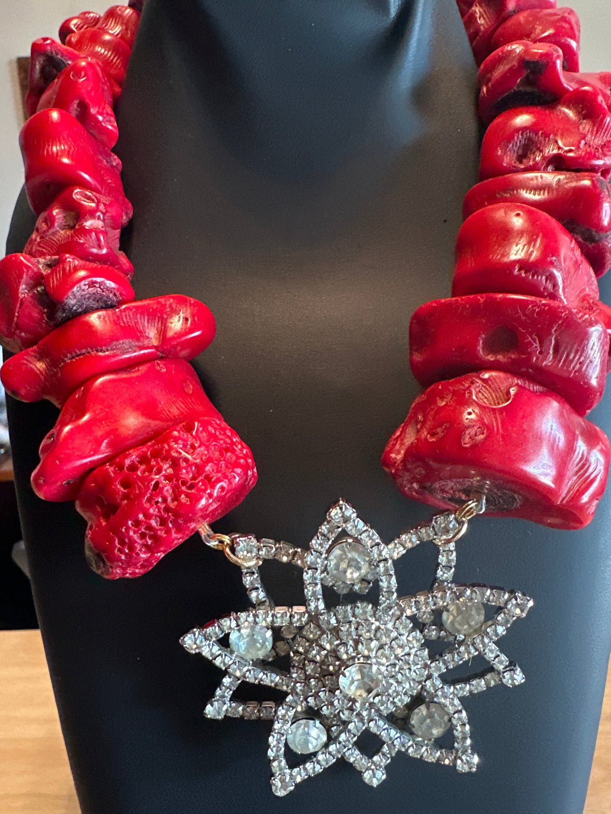 MICHALA by MADE IN THE DEEP SOUTH 1950's BROOCH on CORAL BEADS NECKLACE