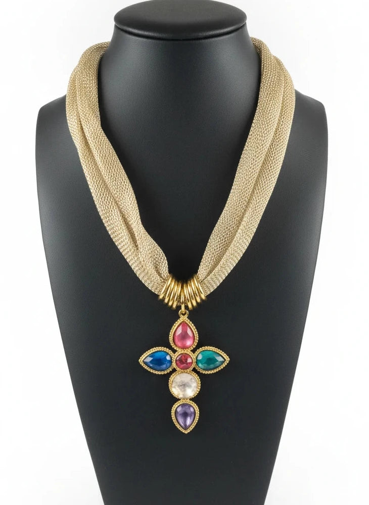 THE KATIE KOLLECTIVE GOLD MESH SCARF with COLORFUL CROSS