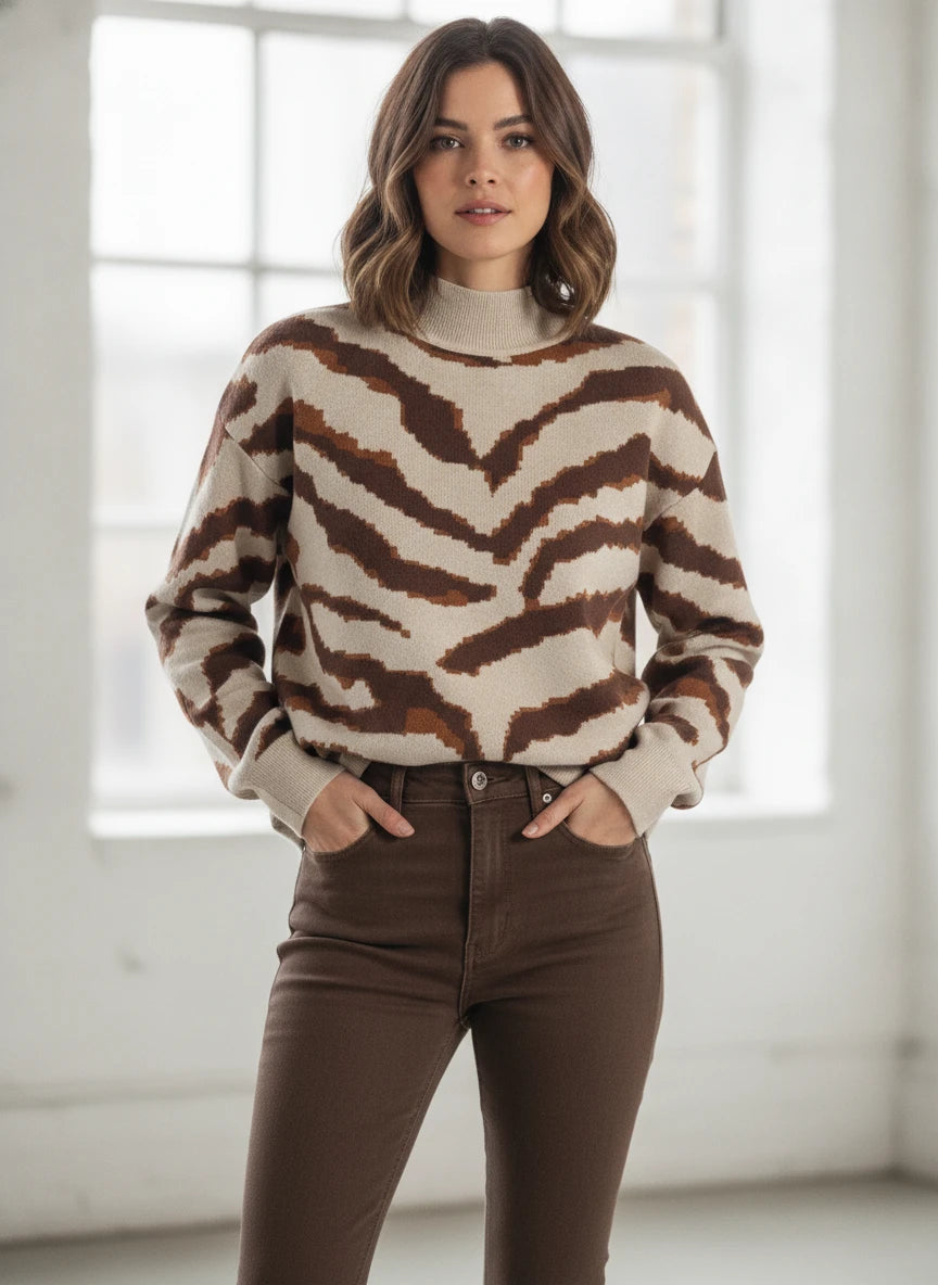 ENTRO ABSTRACT ANIMAL PRINT SWEATER IN CREAM & BROWN
