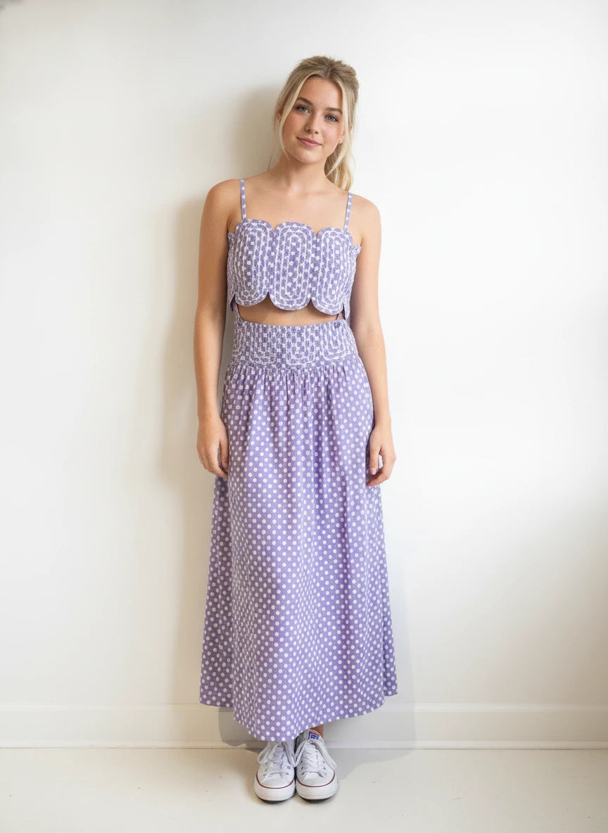 PURPLE POLKA DOT 2 PC MAXI SKRT & CROP TOP SET