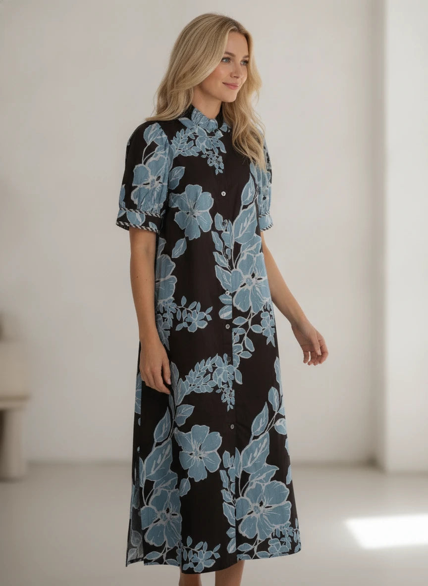 ENTRO BROWN & BLUE FLORAL PRINT DRESS