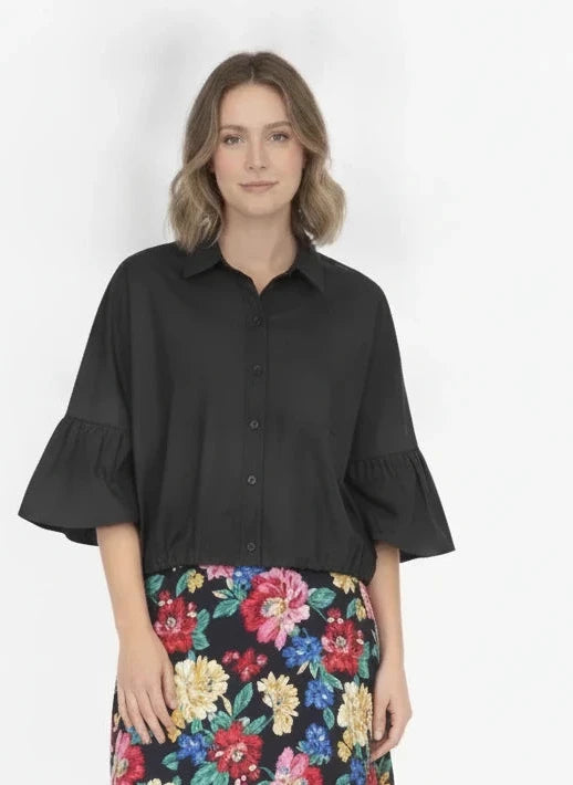 & MERCI BLACK COLLARED BUTTON DOWN BALLOON TOP