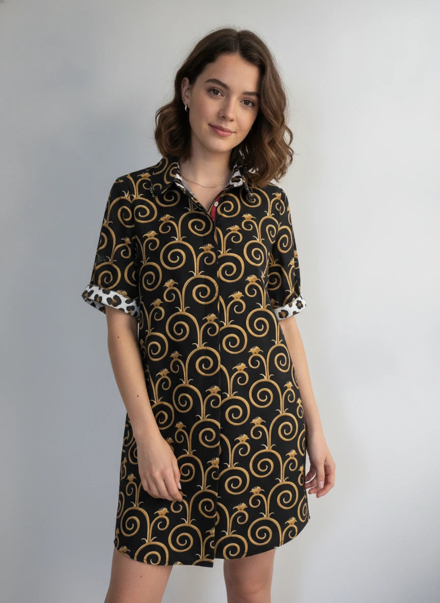 DIZZY LIZZIE CHATHAM BLACK & GOLD SWIRL PRINT DRESS