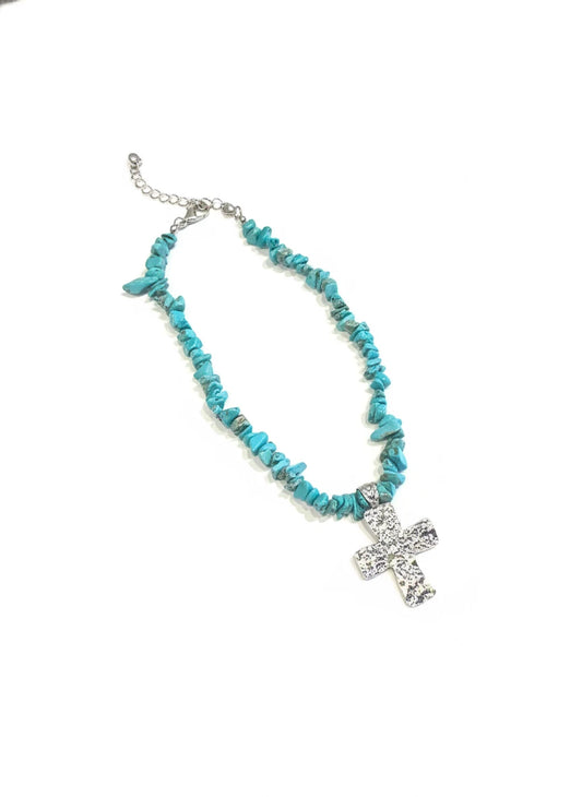 TURQUOISE SHELL & SILVER CROSS NECKLACE