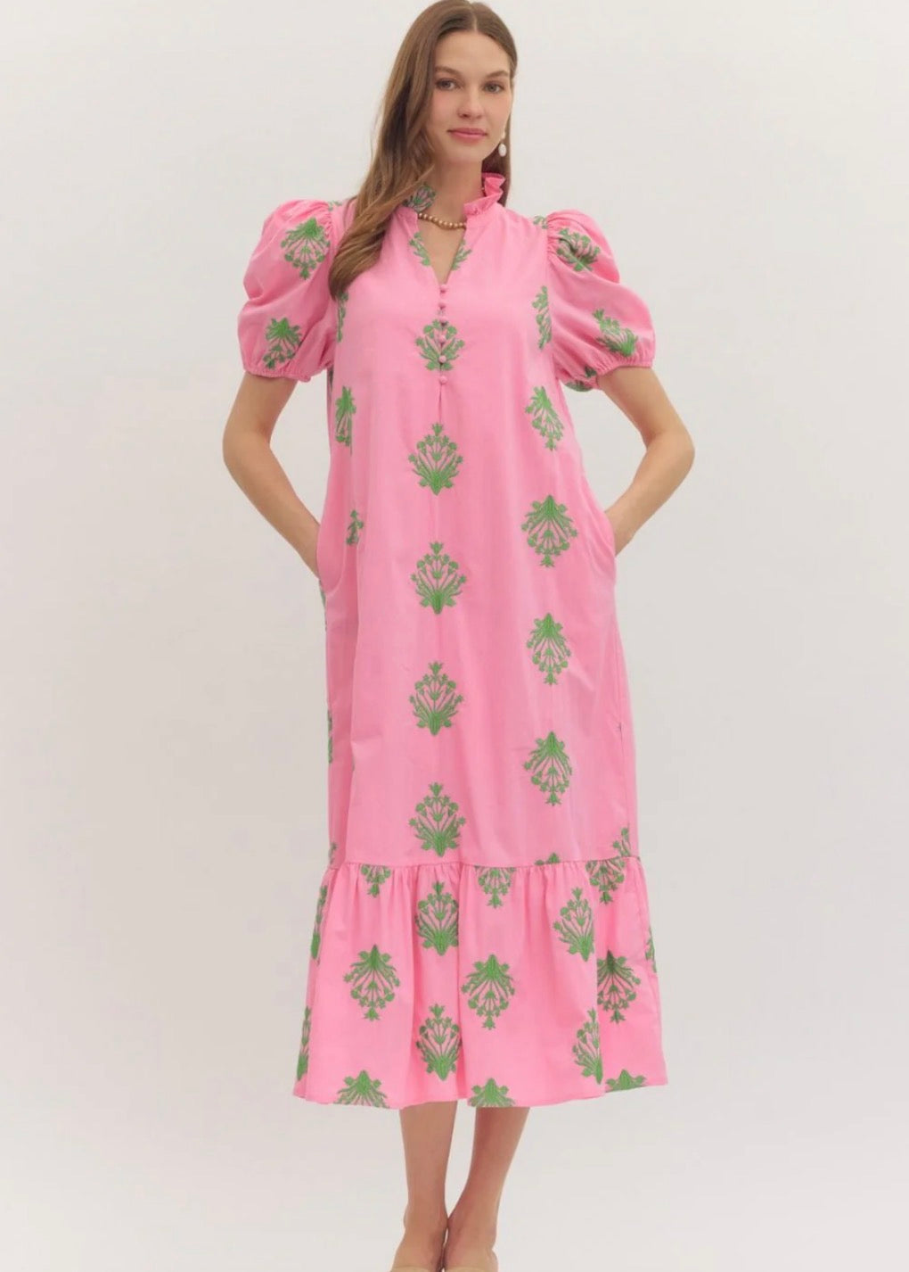 ENTRO PINK & GREEN EMBROIDERY DRESS