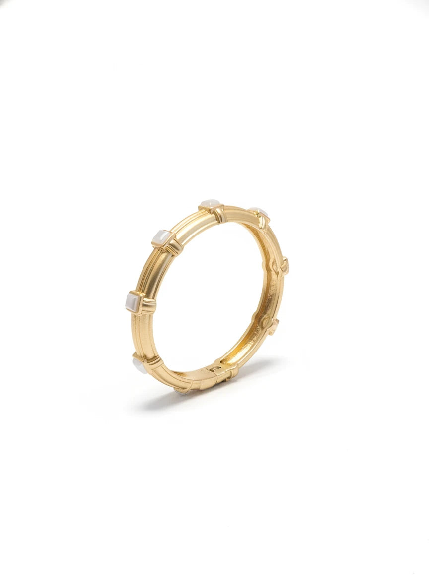 MATTE GOLD HINGED BRACELET w/Square Pearl Accents