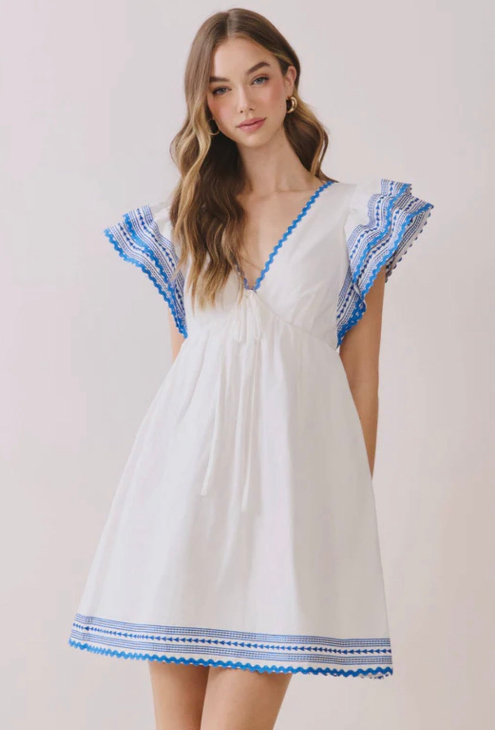 TCEC DRESS WHITE W/ BLU RIC RAC TRIM