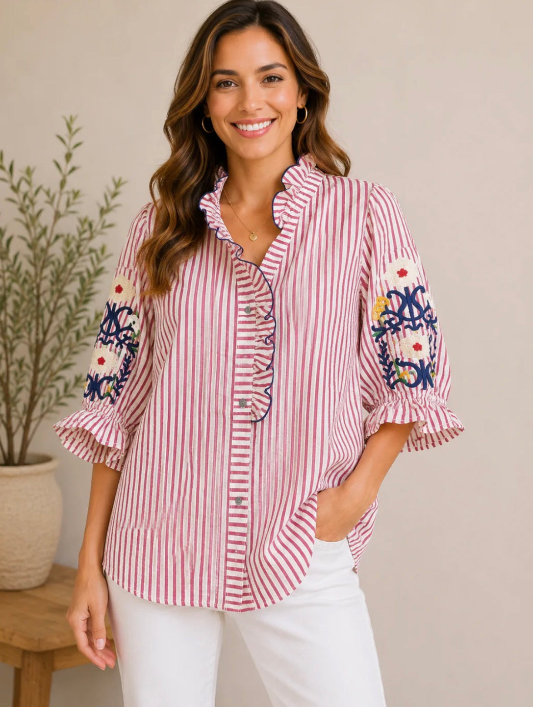 UMGEE RASPBERRY & WHITE STRIPE TOP