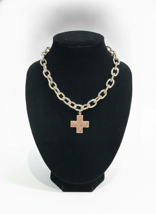 GOLD & SILVER CHAIN WITH HAMMERED CROSS NECKLACE