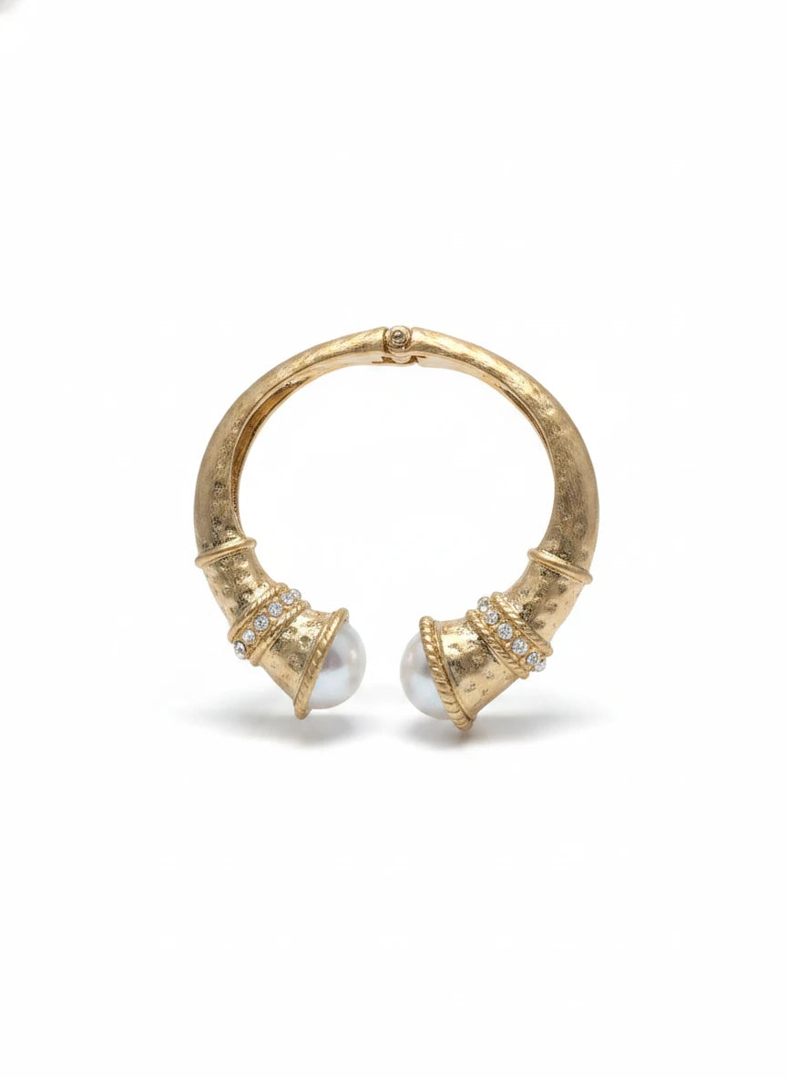 GOLD HAMMERED WIDE BANGLE WITH PEARL ACCENTS