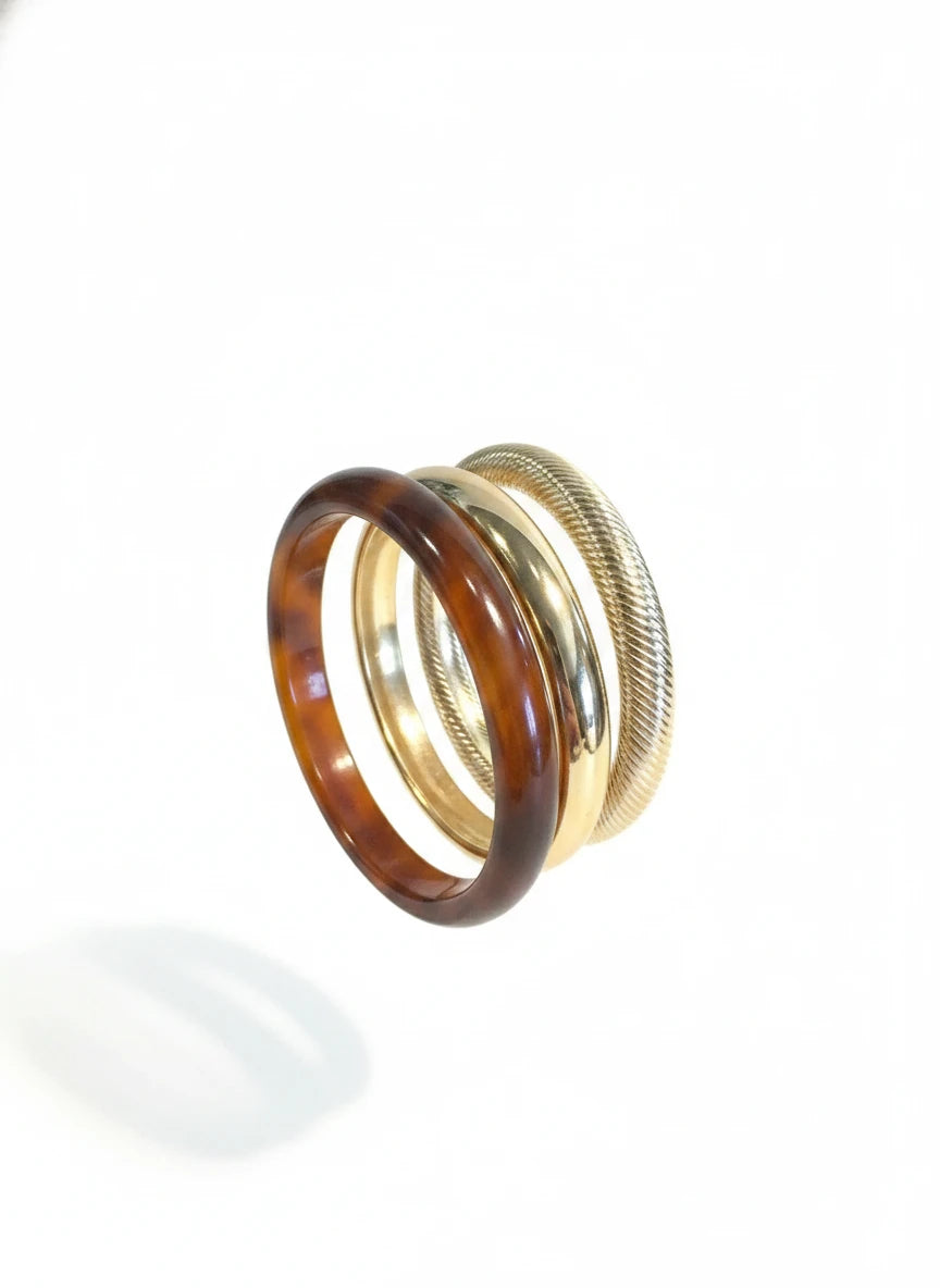 BROWN ACRYLIC & GOLD BANGLE BRACELETS  SET OF 3