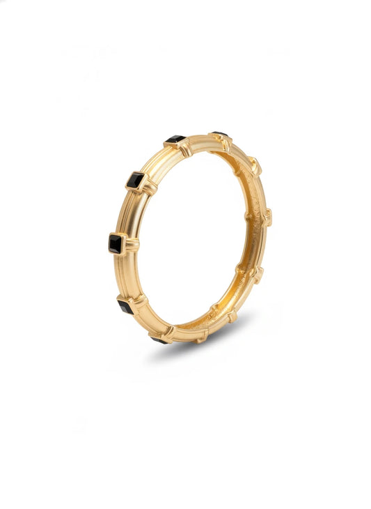 WORN GOLD HINGED BRACELET WITH BLACK CRYSTAL ACCENTS