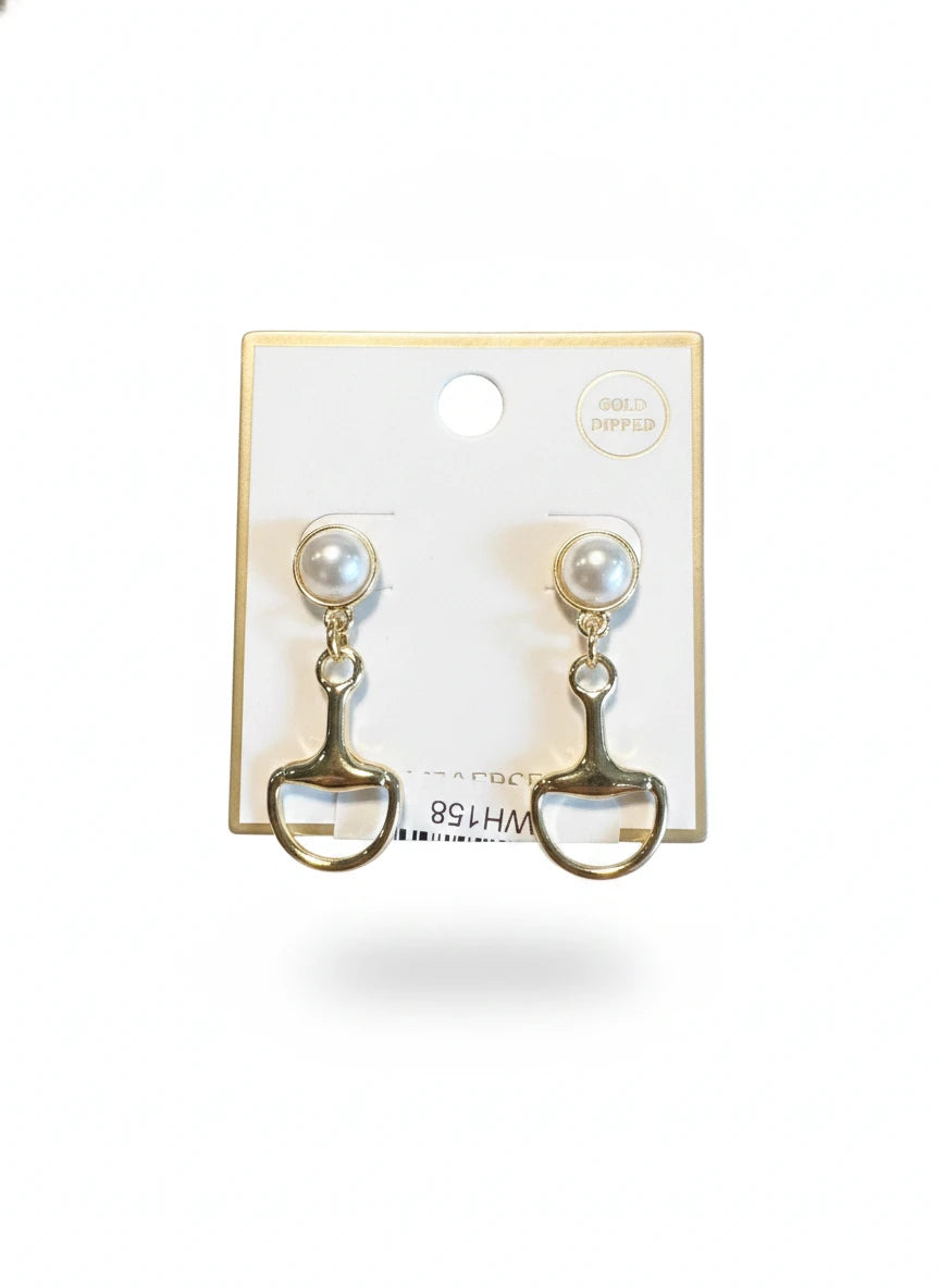 PEARL STUD WITH GOLD HORSE BIT DROP EARRING