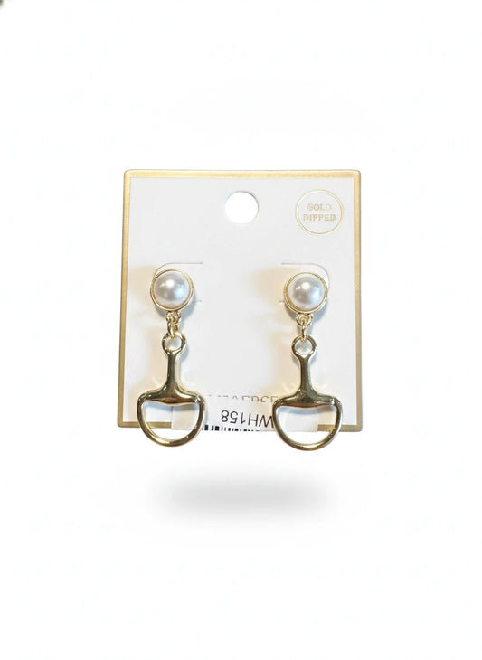 PEARL STUD WITH GOLD HORSE BIT DROP EARRING