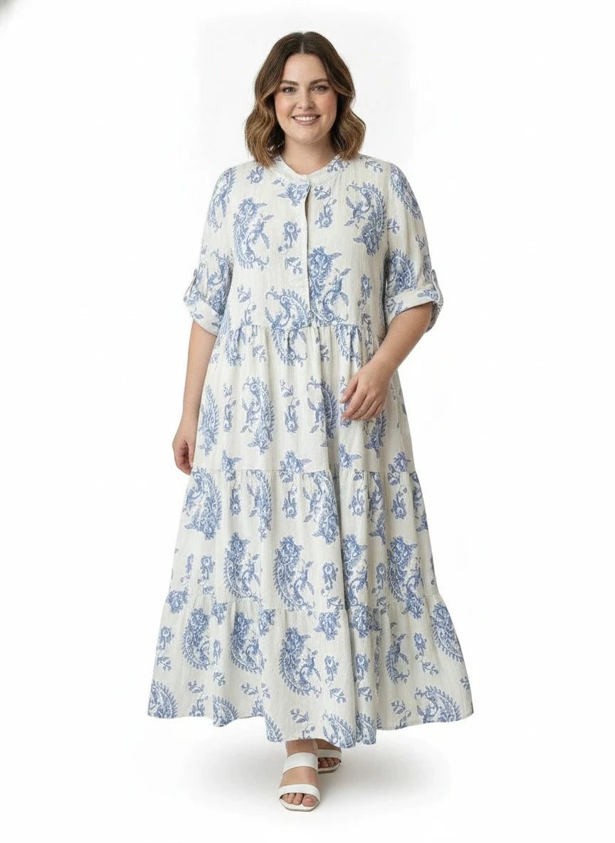 UMGEE BLUE & WHITE FILIGREE PRINT DRESS (PLUS SIZES)