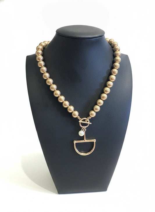 GOLD BEADED NECKLACE WITH HORSE BIT PENDANT & PEARL ACCENT