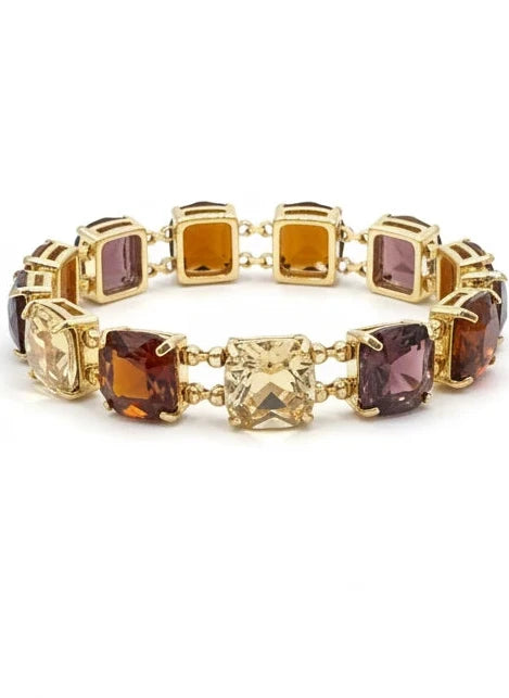 BROWN MULTI CRYSTAL SQUARE & GOLD STRETCH BRACELET