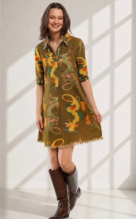 DIZZY LIZZIE CHATHAM OLIVE DRAGON PRINT DRESS