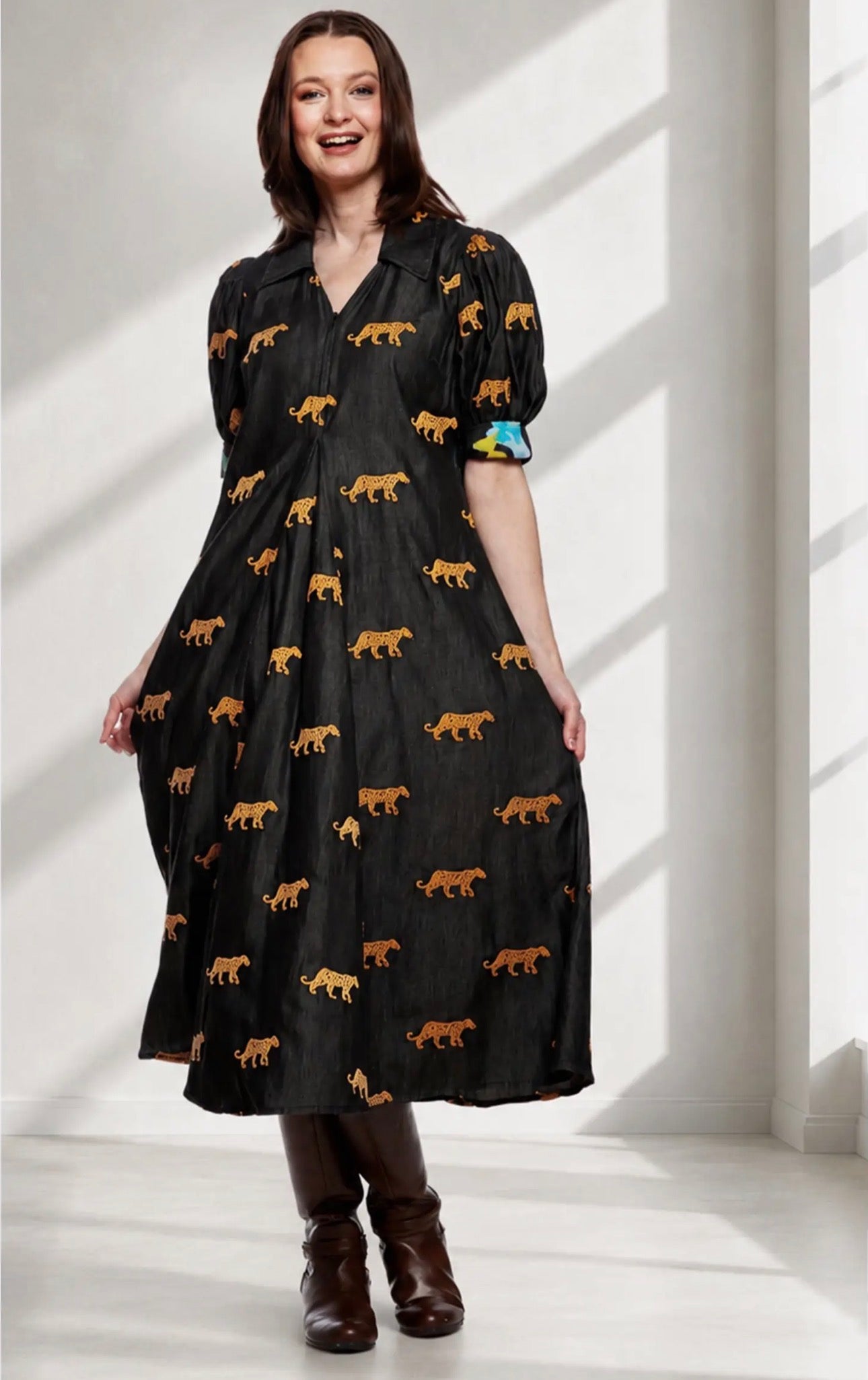 DIZY LIZZIE MONTAUK DRESS BLACK with EMBROIDERED CHEETAHS
