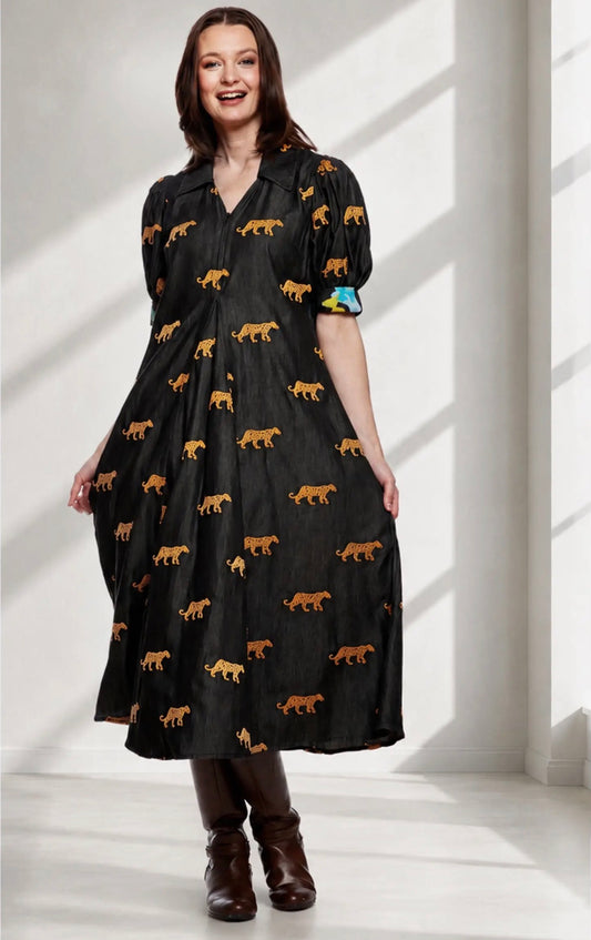 DIZY LIZZIE MONTAUK DRESS BLACK with EMBROIDERED CHEETAHS