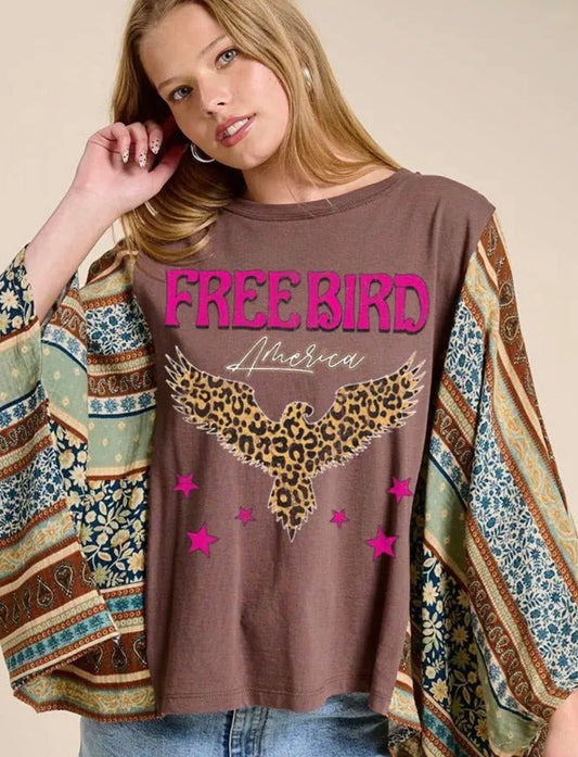 ZUTTER FREE BIRD AMERICA GRAPHIC SHEER BOHO KAFTAN TOP