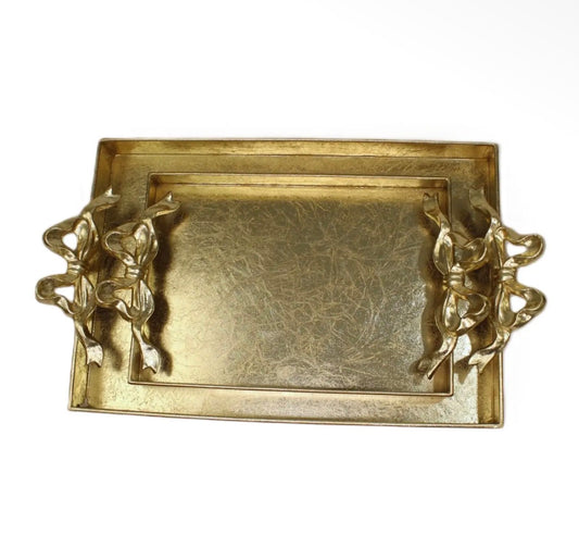 GILDED GOLD METAL TRAY WITH BOWS (Small)