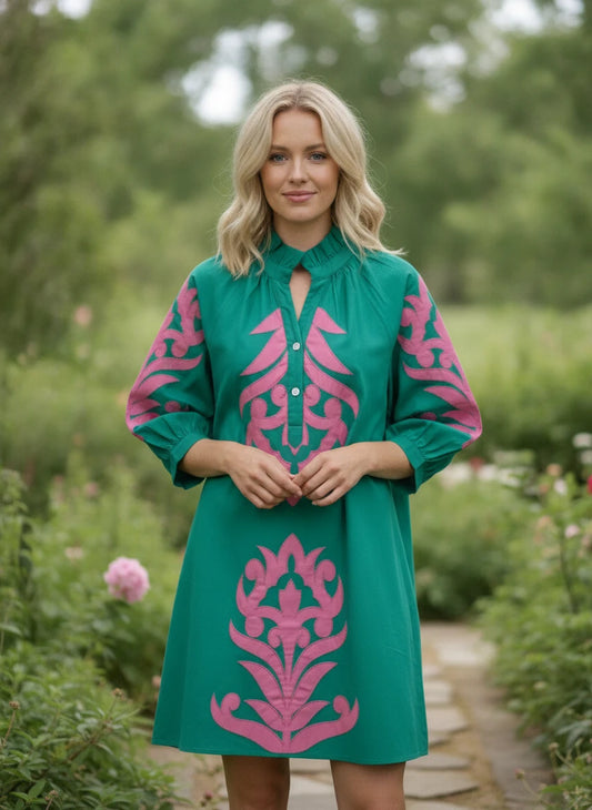 JODIFL BROQUAE GREEN with PINK APPLIQUE DRESS