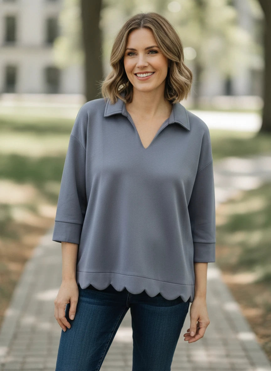 JODIFL SLATE GRAY SCALLOPED TRIM TOP