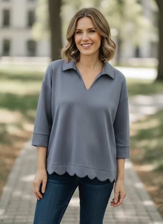 JODIFL SLATE GRAY SCALLOPED TRIM TOP