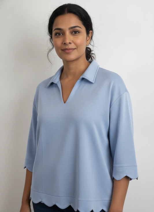 JODIFL BLUE SCALLOPED TRIM TOP