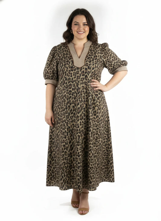 ENTRO OLIVE CHEETAH PRINT DRESS (PLUS)