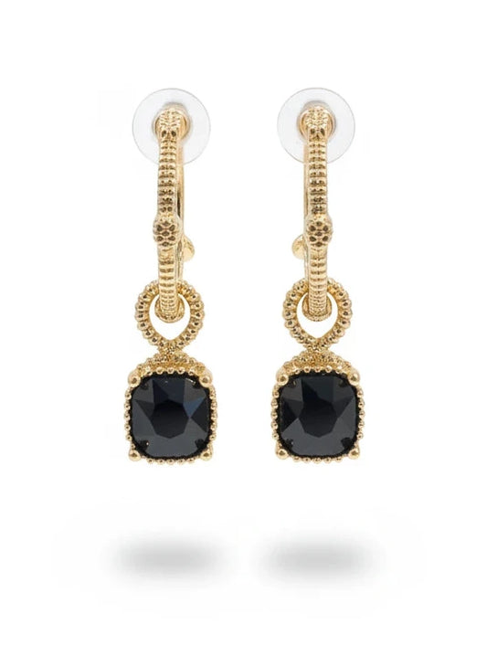 POMINA GOLD RIBBED 1" HOOP with BLACK CRYSTAL CHARM EARRING