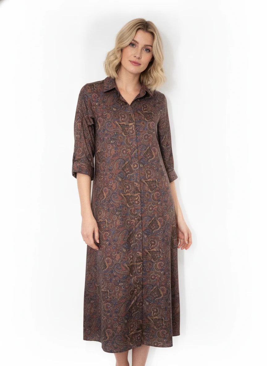 BOHO CHIC BROWN & NAVY PAISLEY PRINT DRESS