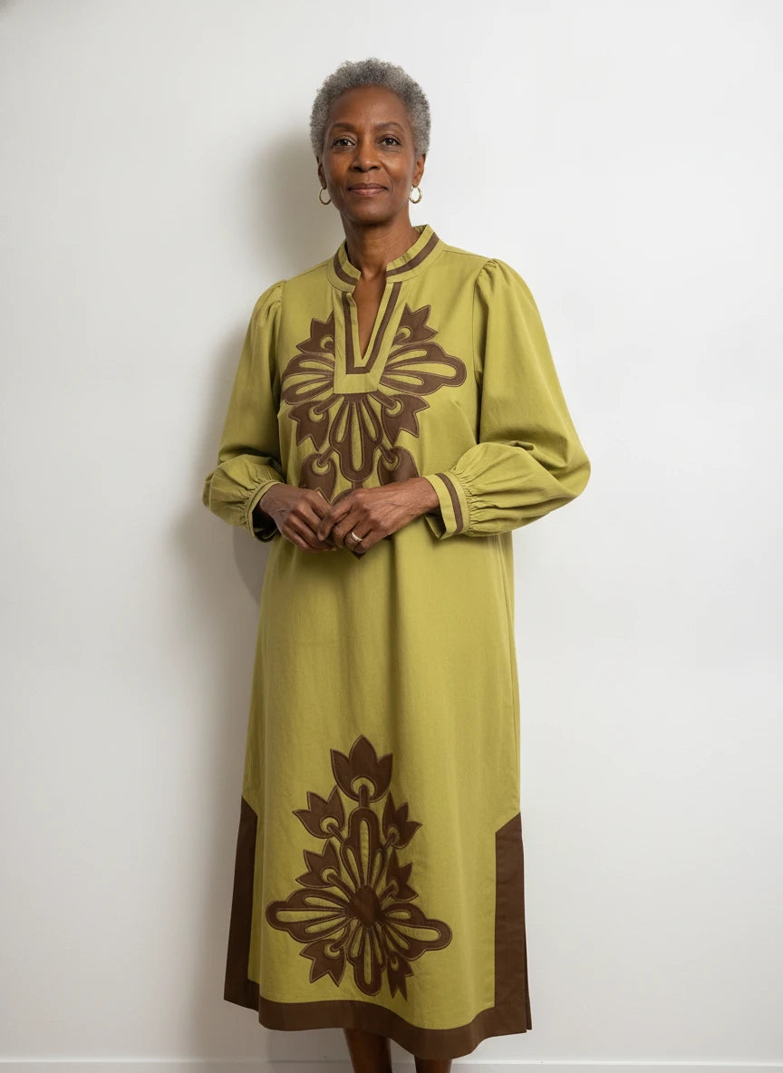 JODIFL CHARTREUSE & BROWN BAROQUE DRESS
