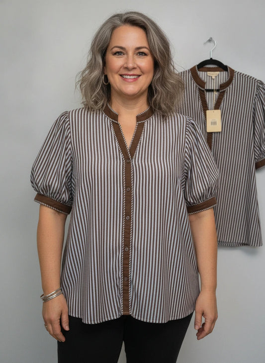 ENTRO PLUS SIZE BLUE & BROWN STRIPE TOP