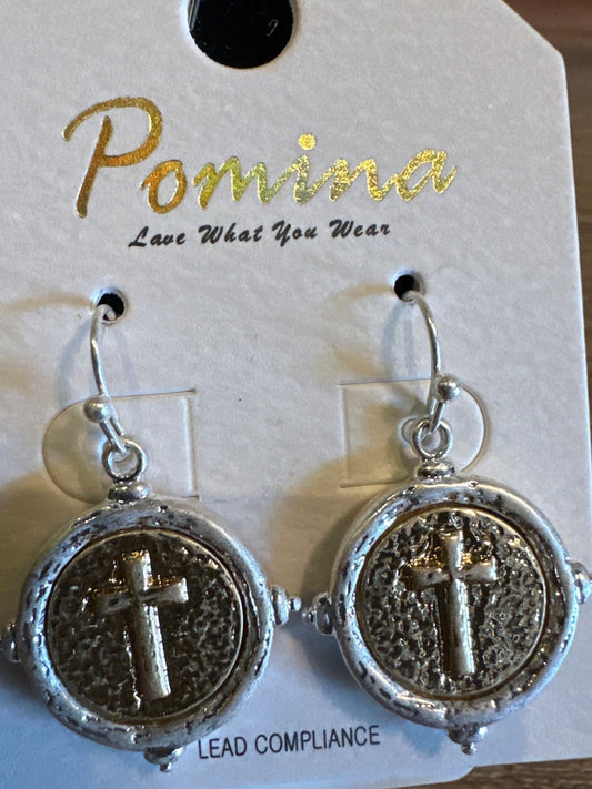 POMINA GOLD & SILVER CROSS STAMPED COIN 1.25" EARRINGS