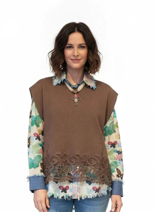 JODIFL BROWN SWEATER  w/ Lace Trim