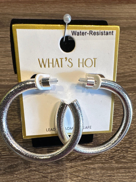 WHAT'S HOT WATER RESISTANT 2" SILVER TEXTURED METAL HOOP EARRING